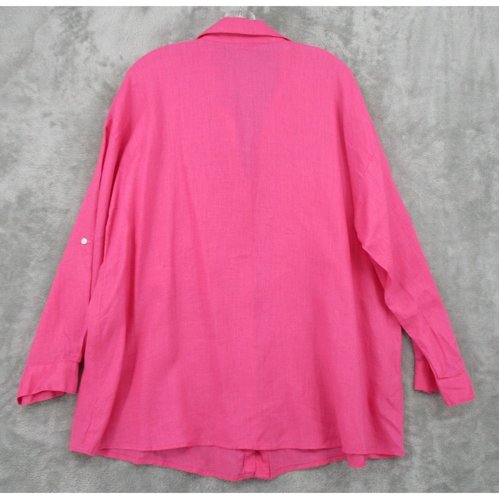 Magaschoni Blouse Womens Large Linen Button Up Oversized Long Sleeve Pocket Pink - Picture 2 of 9